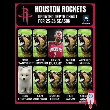 白魔走了！美媒调侃火箭下赛季十人阵容：杜兰特+谢泼德+8只凶狠的猎犬