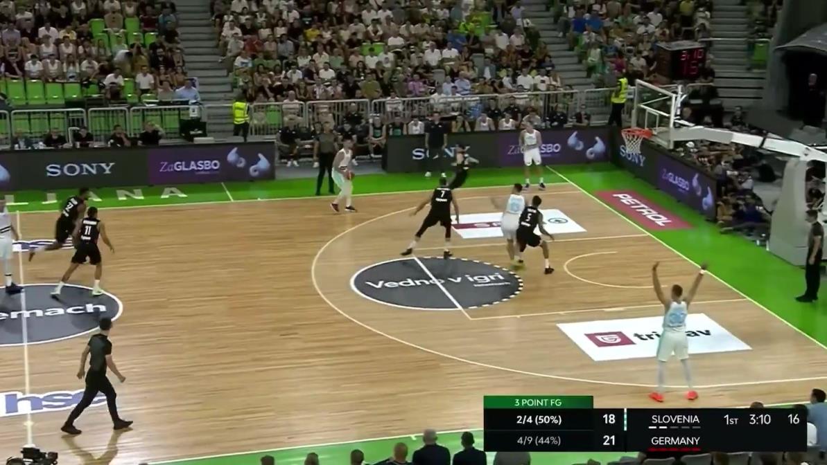 面对德国男篮双人紧逼防守，东契奇轻松破解，还助攻队员命中三分